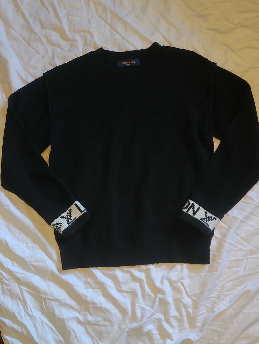 Louis Vuitton Black Crewneck Sweater with Patterned Cuffs